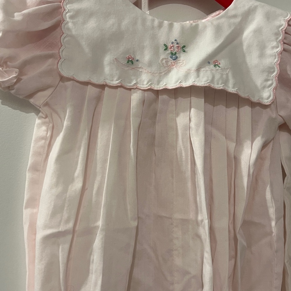 Petit Ami Light Pink Smocked Romper with Floral Embroidery Collar